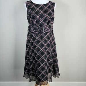 Chapter One Plaid Dress Womens 10 Black Red Belted Fit Flare Formal Event Grad